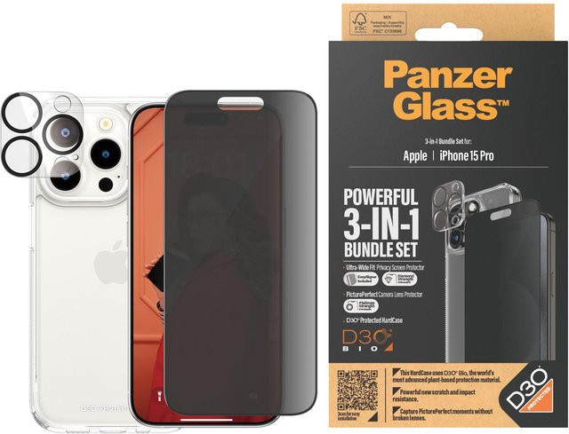 PanzerGlass 3-in-1 Privacy Pack Displayschutz für iPhone 15 Pro, transparent - Bild 1