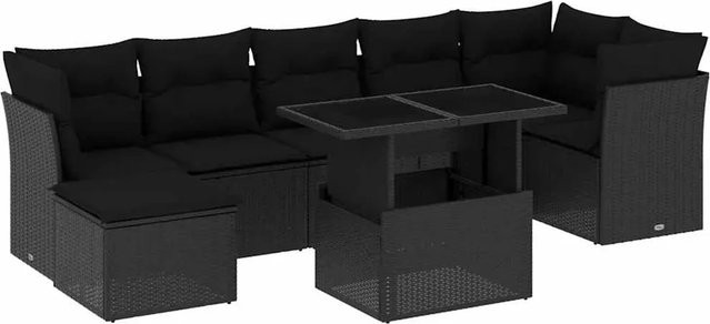 vidaXL 8-teilige Garten-Sofagarnitur in L-Form aus schwarzem Poly-Rattan mit UV-beständigen Kissen und pulverbeschichtetem Stahlgestell - Bild 1