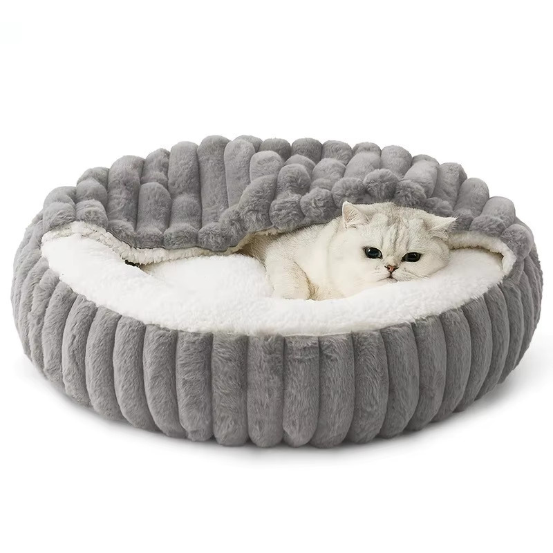 KEMORELA Katzenhöhle mit Kapuze, rundes Kätzchenbett in Grau, rutschfest und gesteppt für Katzen und Hunde - Bild 5