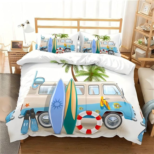 Lodestar Bettbezug-Set mit Bus und Surfbrett Palmenmuster, 3-teilig, B/H: 140 x 200 cm - Bild 1