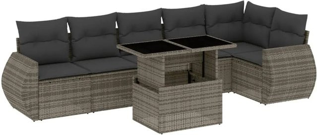 vidaXL 7-tlg. Garten-Sofagarnitur in L-Form aus grauem Poly-Rattan mit Kissen und pulverbeschichtetem Stahlgestell - Bild 1