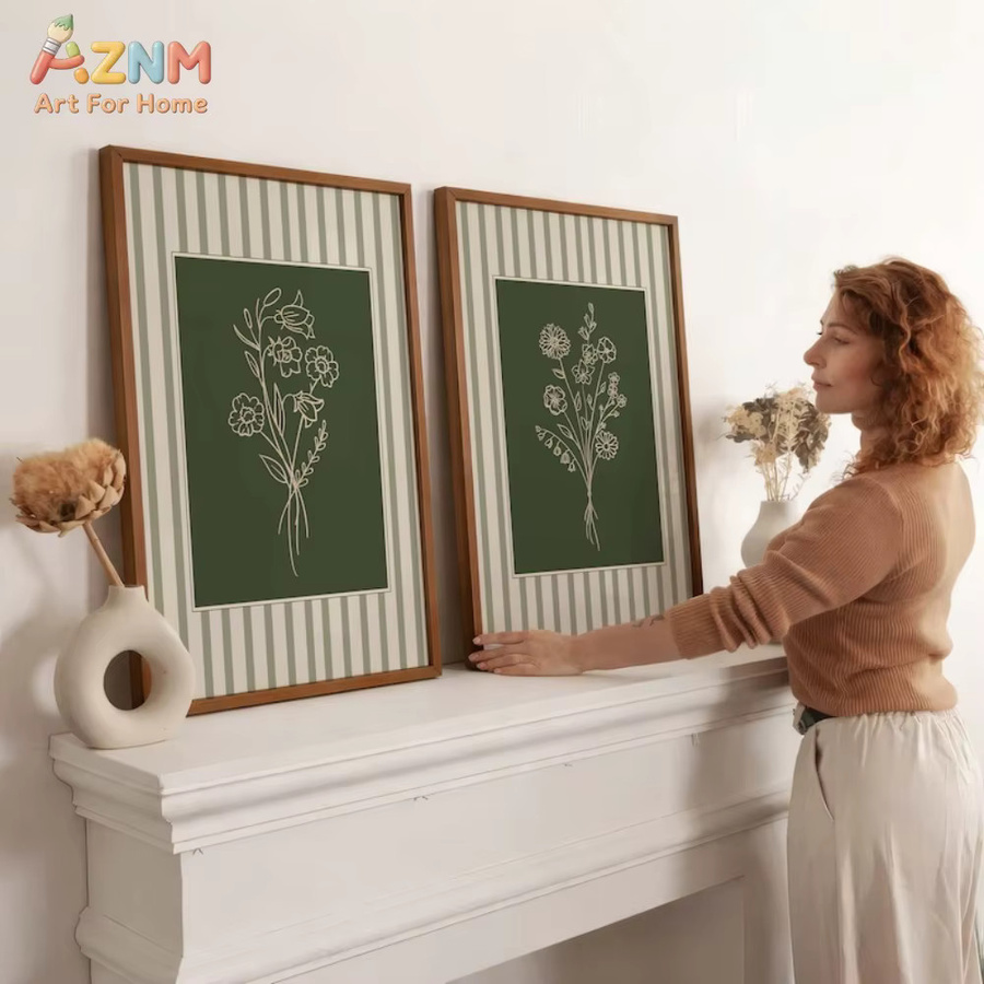 AZNM Minimalistische Botanische Wandkunst Salbeigrün Gestreifter Blumen-Linienkunst-Leinwanddruck für dein Wohnzimmer oder Schlafzimmer - Bild 3
