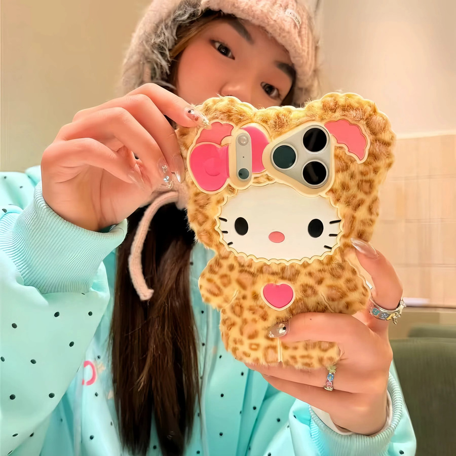 Sanrio Hello Kitty Handyhülle mit Leopardenmuster aus flauschigem Plüsch und Silikon-Rückseite für iPhone 17 16 15 14 13 12 Pro Max Plus in Multicolour - Bild 4