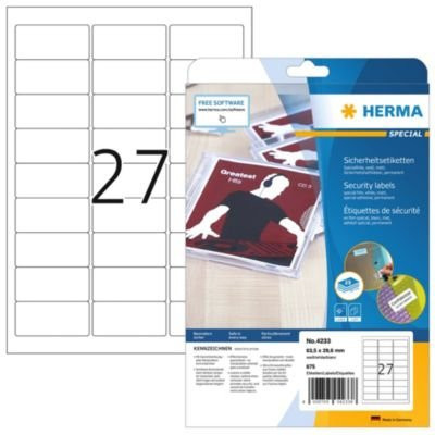 Herma Sicherheitsetiketten 4233, weiß, Spezialfolie, 25 A4-Bögen, Breite: 63,5 mm, Höhe: 29,6 mm - Bild 1