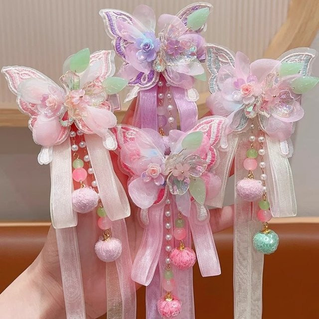 Haarspangen mit Bandquasten und Schmetterling, Blumenmuster, Damen - Bild 1