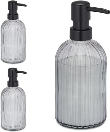Relaxdays Seifenspender 3er Set aus Glas in Transparent mit schwarzem Akzent, B/T/H: 19 x 9 x 7 cm