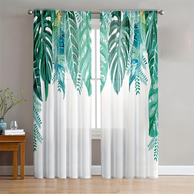 Yiran Furniture Voile-Jalousien aus Tüll mit goldenen Federn und Blättern, 2er-Set, Transparent/Gold/Weiß, Breite: 50 cm, Höhe: 130 cm - Bild 1