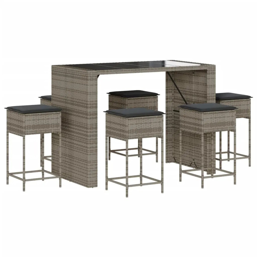 vidaXL 7-tlg Gartenbar-Set aus grauem Poly-Rattan mit Kissen und Hartglas-Tischplatte - Bild 2
