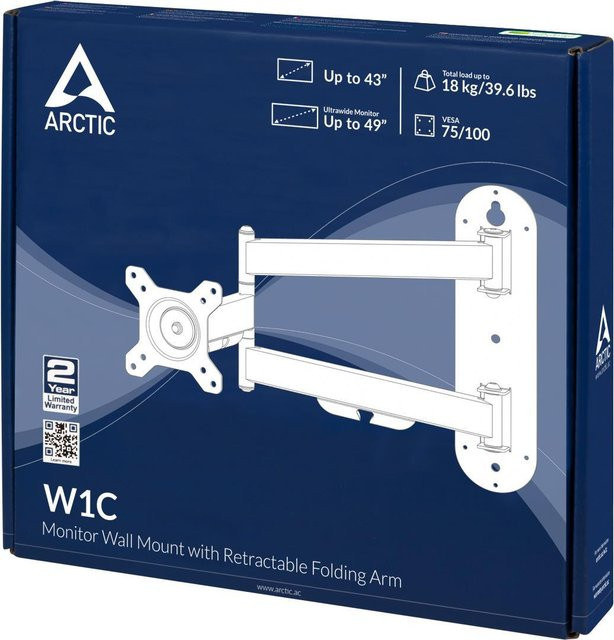 Arctic W1C Monitor-Wandhalterung mit beweglichem Gelenkarm, Schwarz, für bis zu 49 Zoll und 18 kg, VESA 75 x 75 mm und 100 x 100 mm - Bild 1