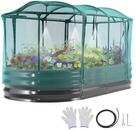 VEVOR Hochbeet Oval aus Metall mit Bewässerungssystem und Netzabdeckung, Pflanzkasten für Blumen, Obst und Gemüse, Dunkelgrau, B/T/H: 180 x 90 x 30 cm - Bild 1
