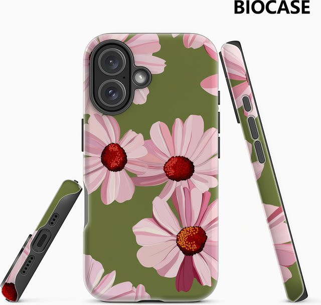 Handyhülle mit rosa Blumen auf grünem Hintergrund für Apple iPhone 17 16 15 14 13 12 Pro Max Plus mit doppelschichtiger Rückseite - Bild 1
