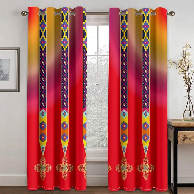 Yiran Furniture Boho Saba Äthiopien Fenstervorhang Set aus Polyester, halbtransparent, Mehrfarbig, 2 Stück, Breite: 65 cm, Höhe: 60 cm - Bild 1