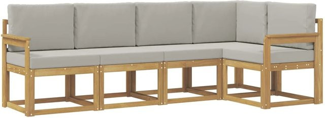 vidaXL Outdoor-Sofagarnitur in L-Form aus Akazienholz mit Kissen, 5-teilig, Weiß-Hellgrau - Bild 1