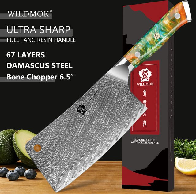WILDMOK Damaszener Knochenhackmesser mit 67 Lagen VG10 Stahl und orangefarbenem Harzgriff - Bild 1