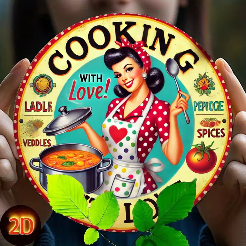 Rundes Metallschild HELLOYOUNG Cooking with Love Wanddekoration in Multicolour mit Retro-Design und Herz-Motiven, Durchmesser: 20 cm - Bild 6