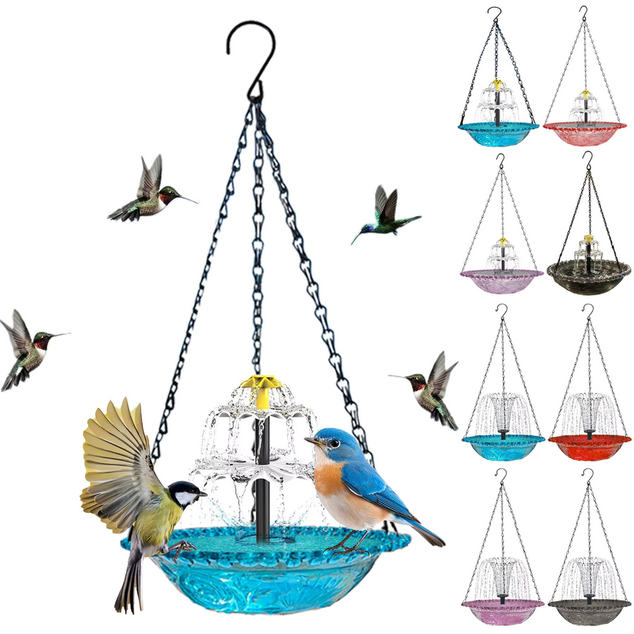 NovaSphere Solar-Vogelbadbrunnen als hängende Kaskaden-Schale mit Wasserpumpe und Kolibri-Futterspender für den Garten, rundes Glasdesign mit floralem Muster, B/T/H: 45,0 x 23,5 x 23,5 cm - Bild 2