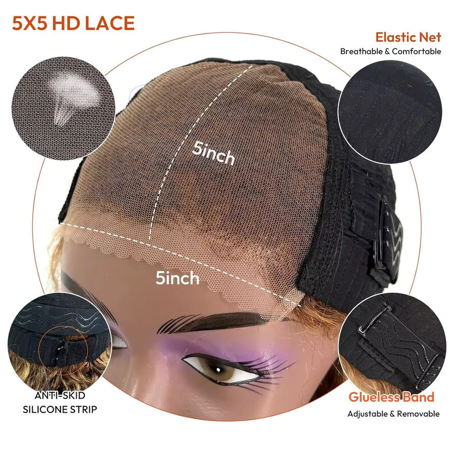 LETMIEO Wear & Go Glueless 5x5 HD Lace Closure Echthaarperücke, Deep Wave, P4/27 Honigblond Ombre Highlight - Bild 7