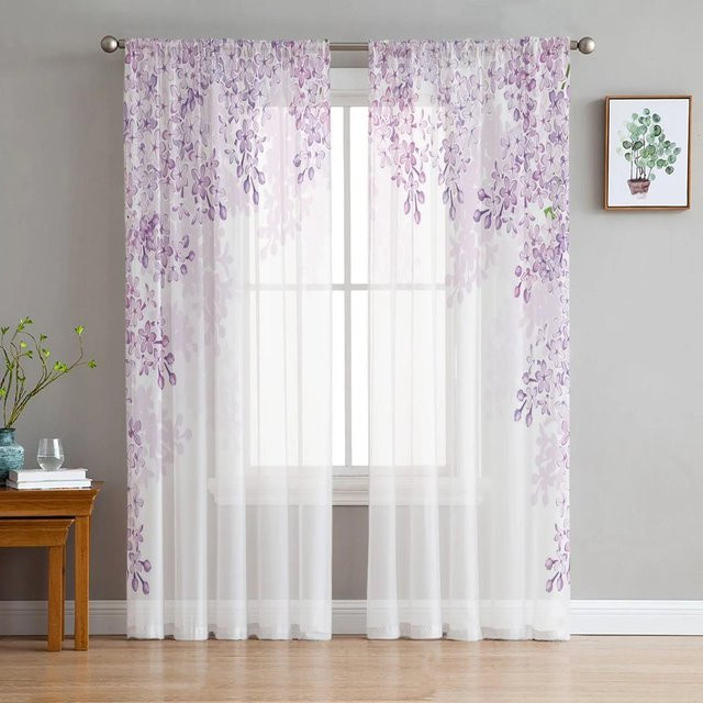 Yiran Furniture Voile-Transparentvorhang mit lila Blumenmuster und Pflanzenmotiv, Breite: 135 cm, Höhe: 115 cm - Bild 1