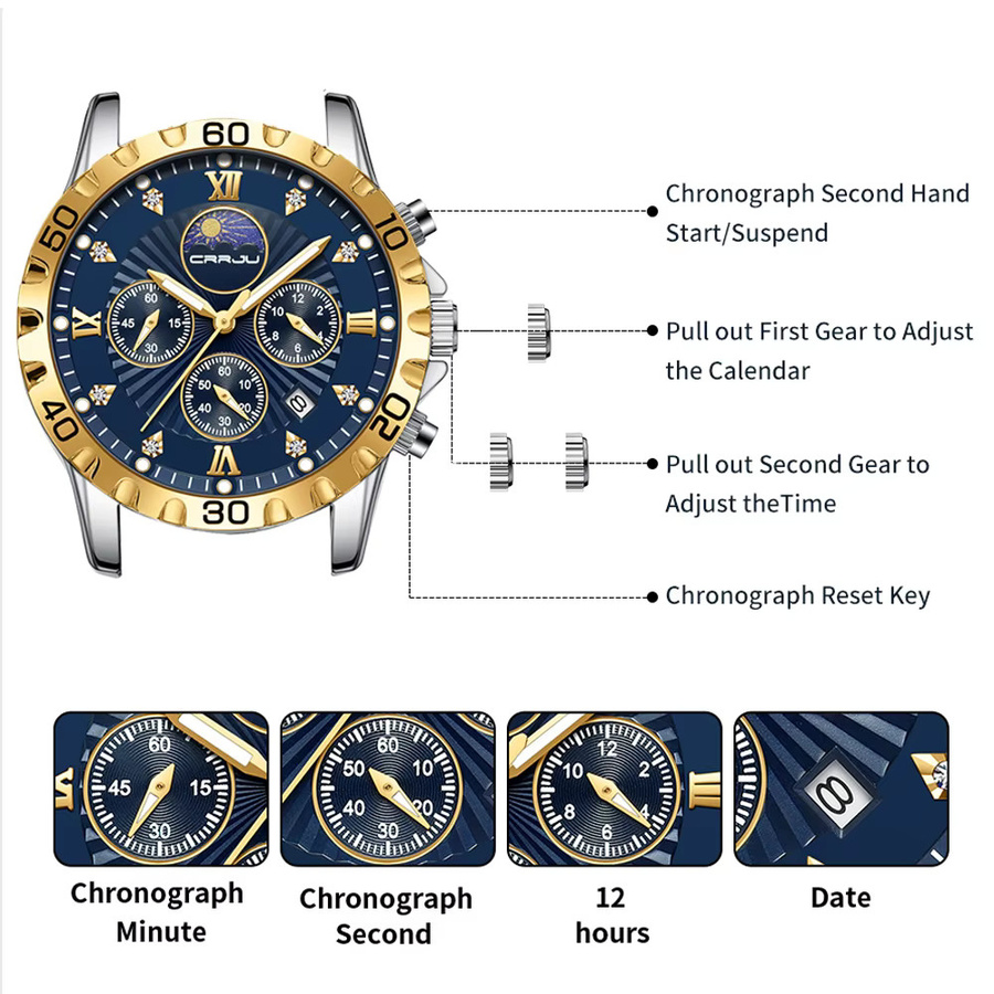 CRRJU Chronograph Armbanduhr, Quarz, Edelstahl, Schwarz, Herren - Bild 1