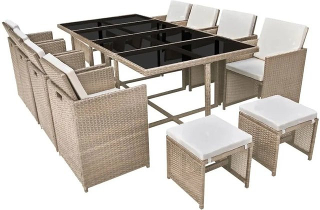 vidaXL 13-teilige Garten-Essgruppe aus Poly Rattan in Beige mit Glas-Tischplatte und Auflagen - Bild 1