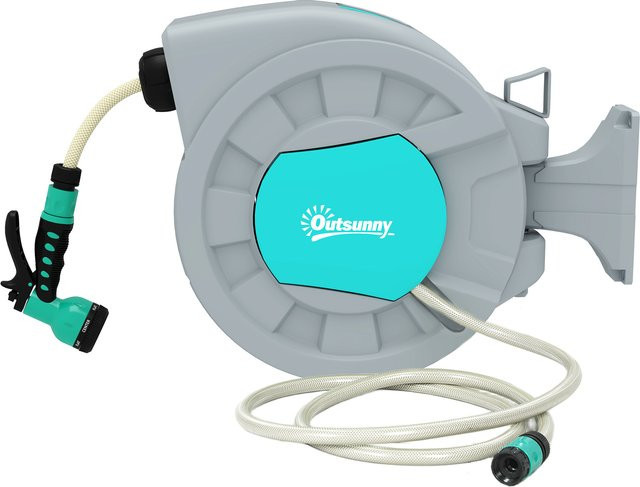 Outsunny Schlauchtrommel mit 30m Gartenschlauch, Wandmontage, automatische Aufrollung und 7-Funktionen Handbrause, Grün-Grau - Bild 1
