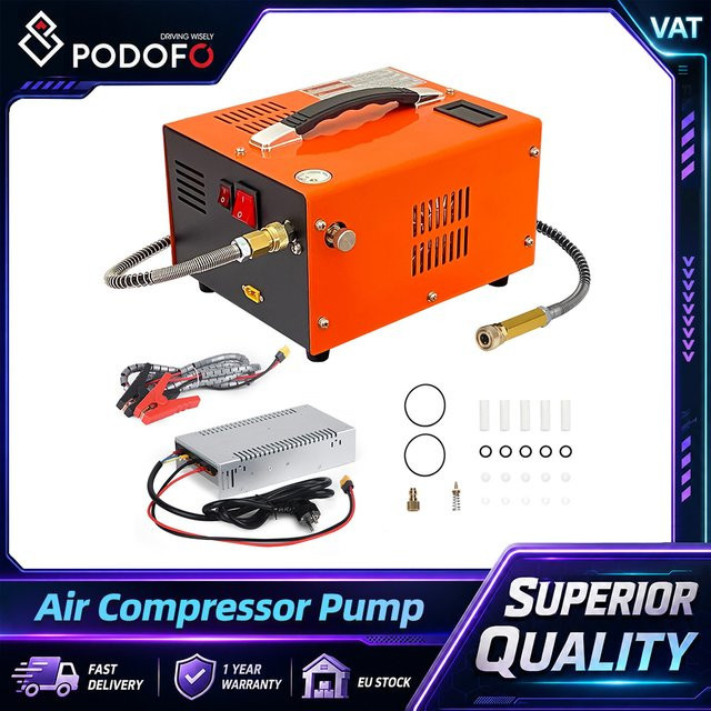 Podofo Tragbarer PCP-Luftkompressor 4500Psi 30Mbar in Orange, 280W, 12V DC/220V AC, Ölfrei und Wasserfrei mit manuellem Stopp und externem Stromadapter - Bild 1