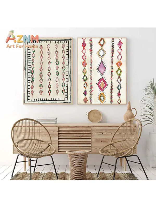 AZNM Boho Aquarell-Wandkunstdruck mit marokkanischem Berber-Teppichmuster, mehrfarbiges geometrisches Leinwandposter im Hochformat, rahmenlos - Bild 4