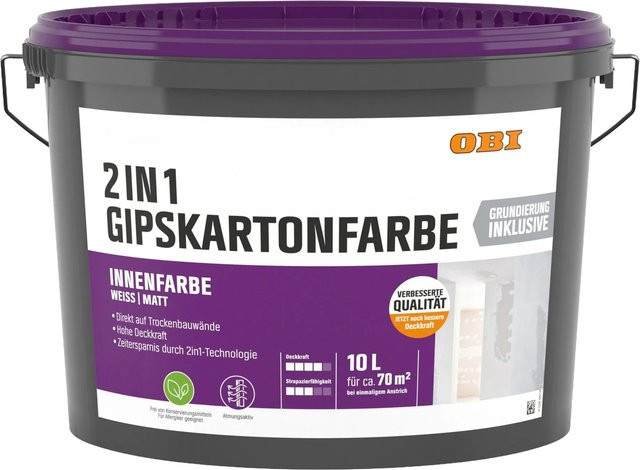 OBI Gipskartonfarbe 2in1 Weiß Matt Dispersion 10,0 l - Bild 1