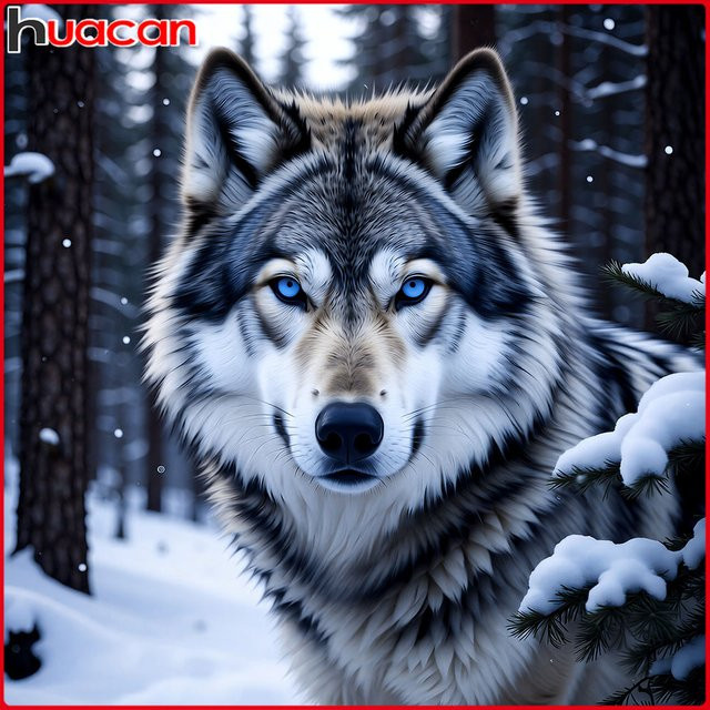 Huacan Diamantgemälde Wolf in Winterlandschaft als Mosaik-Komplettset mit runden Steinen in Multicolour, Breite: 20 cm, Höhe: 20 cm - Bild 1