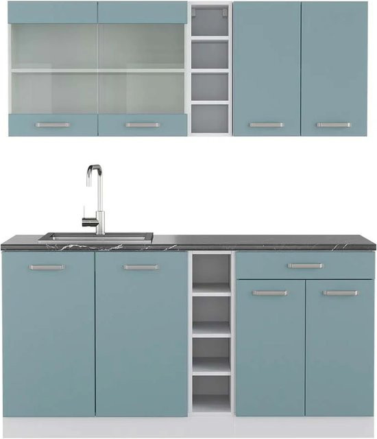 Vicco R-Line Singleküche modern in Blau-Grau/Weiß und Anthrazit, Breite: 160 cm - Bild 1