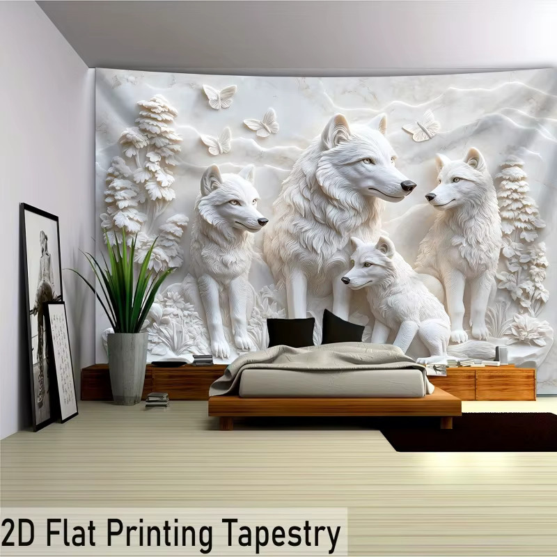 VIKAMA Harmonischer Wolfpack Wandteppich mit Wolf-Motiv in Weiß, HD-gedruckter Wandbehang für Wohnzimmer und Schlafzimmer - Bild 2
