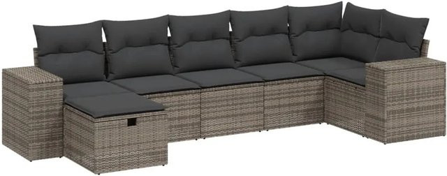 vidaXL 7-tlg. Garten-Sofagarnitur aus Poly-Rattan in Grau mit Kissen und Ottoman im L-Shape Design - Bild 1