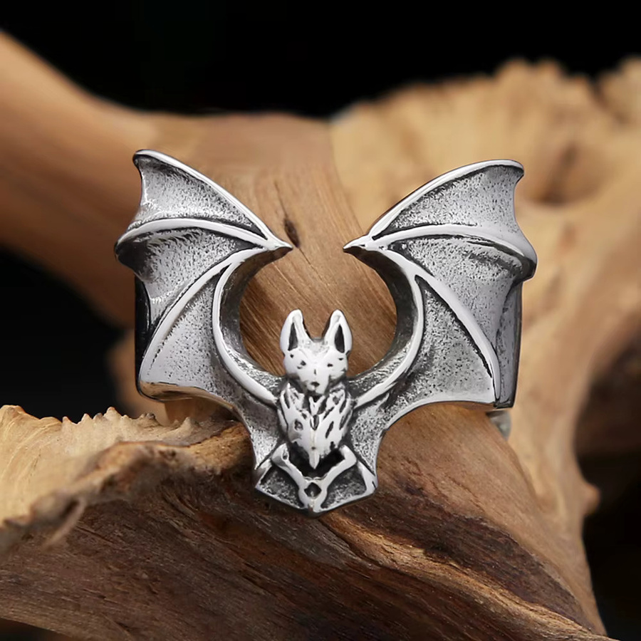 owlucky Fledermaus Ring, Edelstahl, Silber, Unisex, Vintage - Bild 2