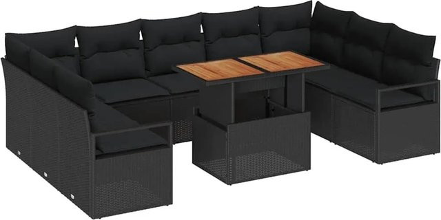 vidaXL Garten-Sofa-Set 10-teilig in U-Form mit Kissen und Tisch, Schwarz und Braun - Bild 1