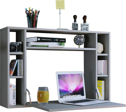 Wandschreibtisch Wandila VCM Möbel grau mit ausklappbarer Tischplatte und 7 Fächern, B: 90 cm, T: 20/67 cm, H: 60 cm