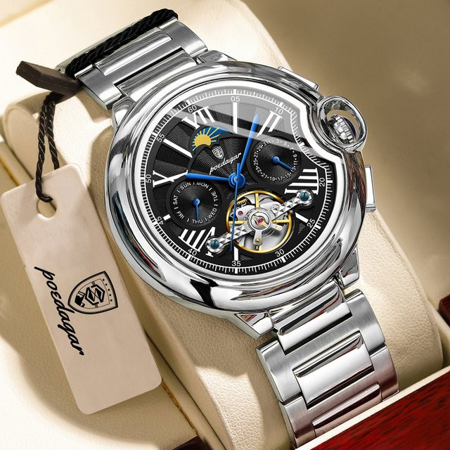POEDAGAR Armbanduhr, Automatik, Edelstahl, Silber Blue, Herren - Bild 1