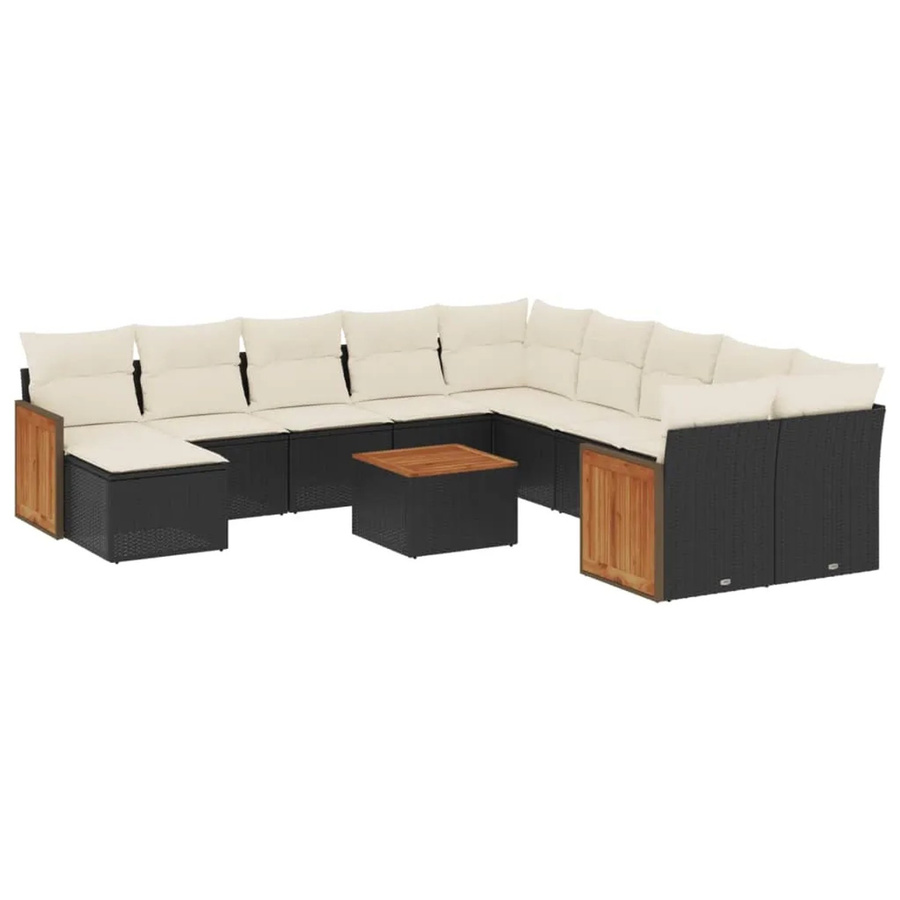 vidaXL 12-tlg. Garten-Sofagarnitur aus Polyrattan und Akazienholz mit Kissen in Schwarz-Creme - Bild 2