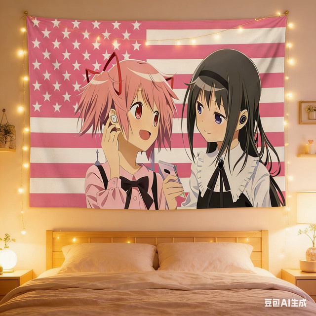 Anime Wandteppich Madoka & Homura mit USA-Flaggen-Druck in Rosa, Polyester Wandbehang für dein Schlafzimmer oder Wohnzimmer, Breite: 60 cm, Höhe: 40 cm - Bild 1