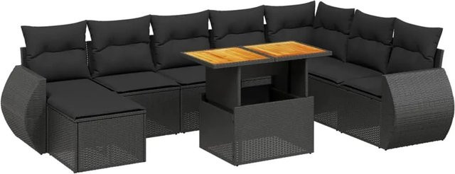 vidaXL 9-teilige Garten-Sofagarnitur aus Poly-Rattan und Akazienholz in Schwarz mit Kissen - Bild 1