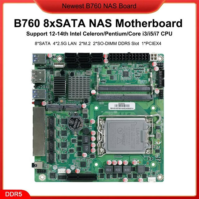 YiHESZ B760 Mini-ITX NAS Motherboard mit LGA1700 Sockel, 8 SATA Anschlüssen und 4x 2,5G LAN sowie 2x M.2 Slots für Intel Core CPUs - Bild 1