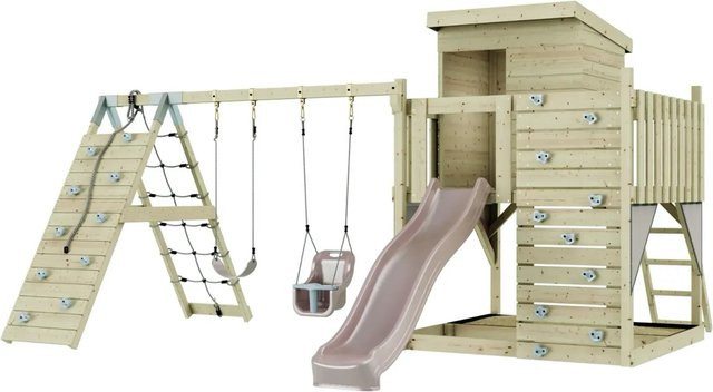 PolarPlay Spielturm Frida aus Holz mit Babyschaukel und Rutsche in Altrosa - Bild 1