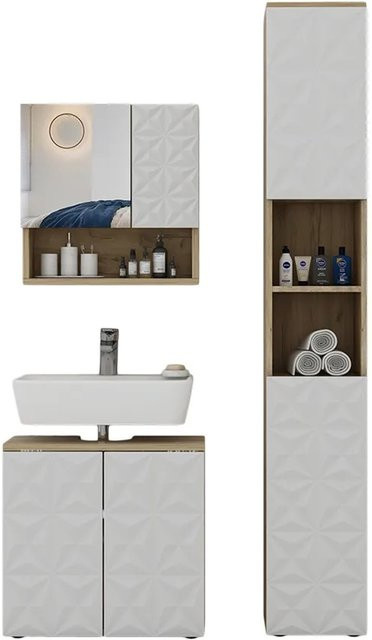 Vicco Badmöbel-Set Edge in Weiß und Eiche bestehend aus 3 Teilen mit Hochschrank, Spiegelschrank und Waschbeckenunterschrank - Bild 2