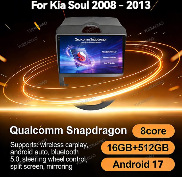 Android 17 Autoradio für Kia Soul AM 2007 - 2011 mit QLED Display, GPS, 4G LTE, 5G, WIFI und Bluetooth in Schwarz - Bild 1