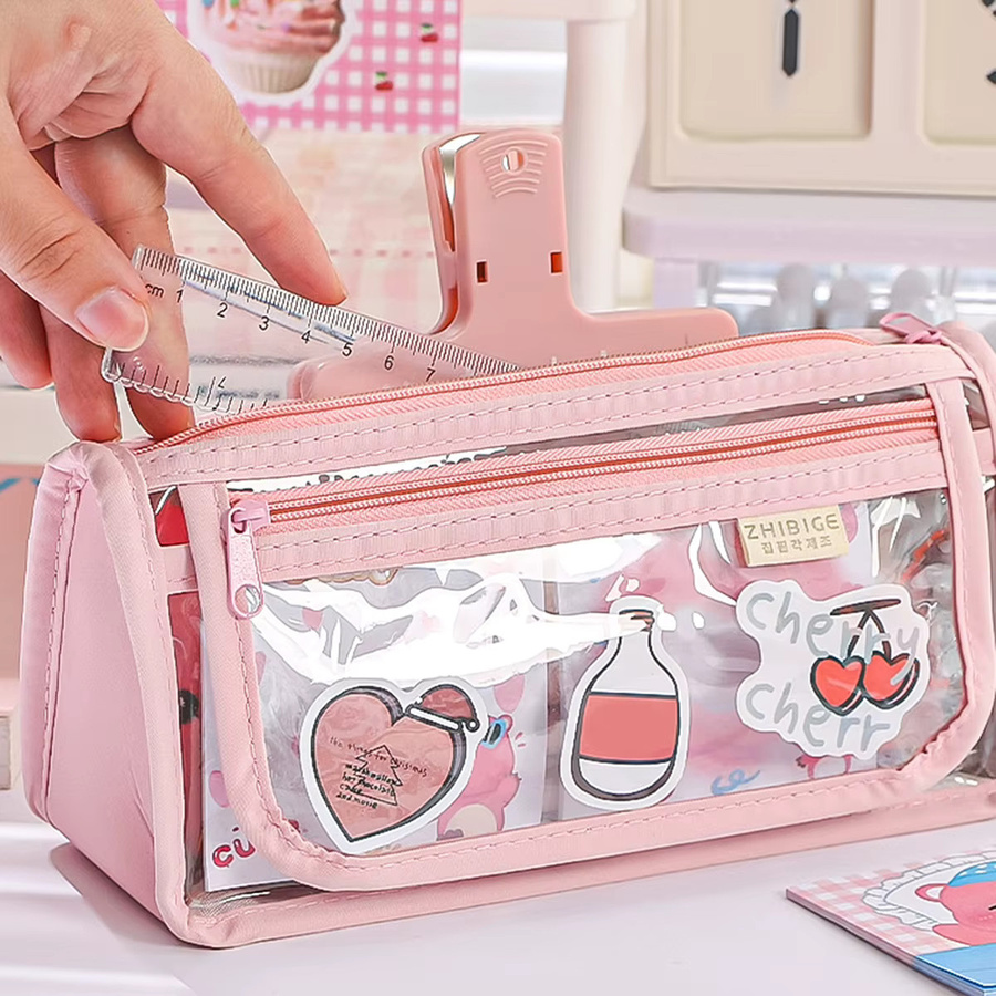 Transparentes Flip-Design-Federmäppchen aus Kunststoff für Schreibwaren und Schulbedarf in Blau oder Pink - Bild 2