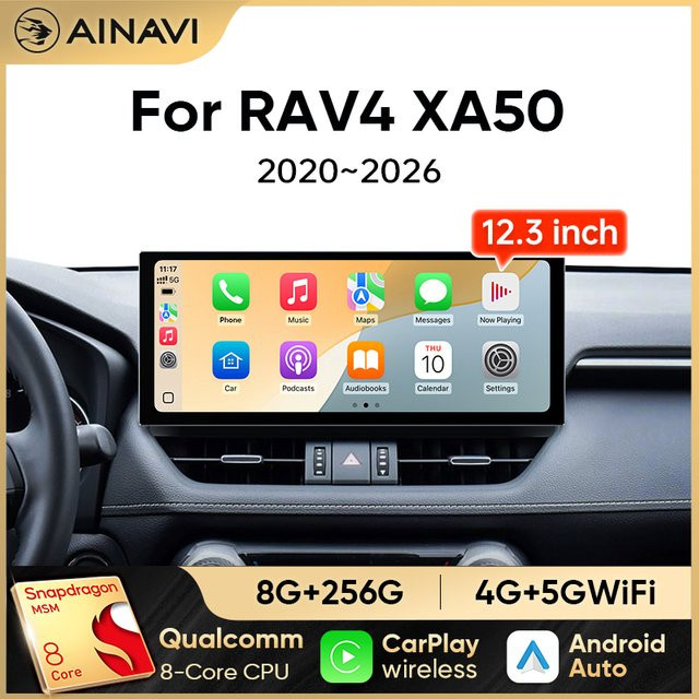 Ainavi 12,3 Zoll Autoradio für Toyota RAV4 2020 bis 2025 mit Wireless Carplay, Android Auto und 4G Multimedia-System in Schwarz - Bild 1
