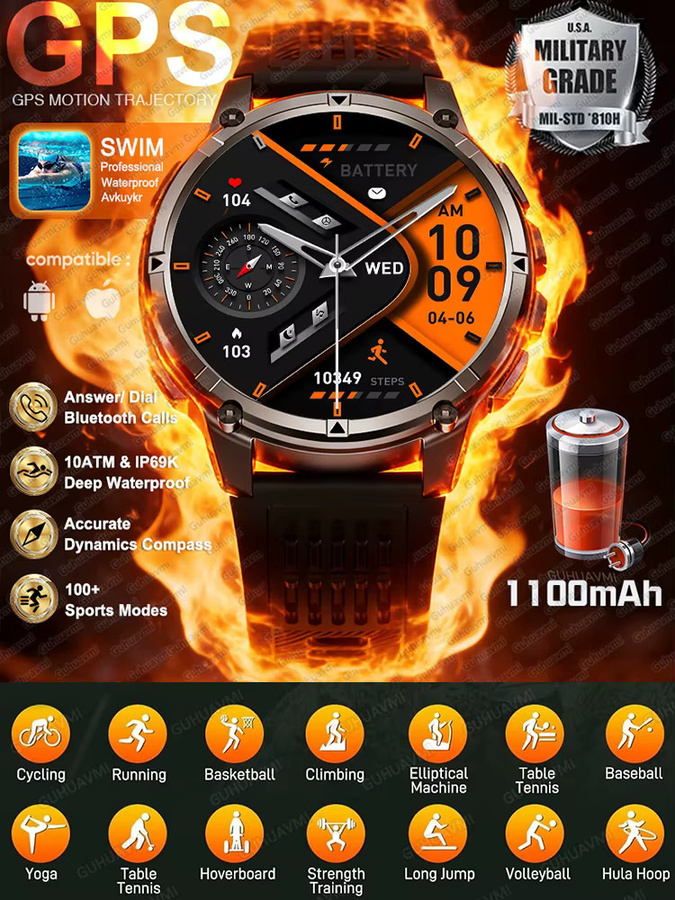 GUHUAVMI GPS Militär Smartwatch mit AMOLED-Display in Schwarz und 1100 mAh Akku für 120 Tage Laufzeit sowie 100 m Freitauchen - Bild 7