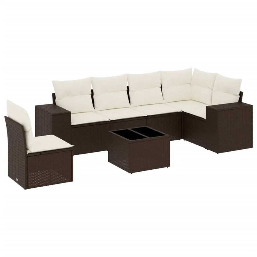 vidaXL 7-tlg. Garten-Sitzgruppe in L-Form aus Polyrattan mit Kissen, Braun - Bild 2
