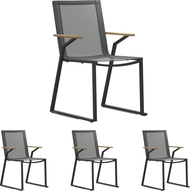 Zebra 4er Set Tamax Stapelsessel aus pulverbeschichtetem Aluminium und recyceltem Teakholz in Graphit und Schwarz - Bild 1