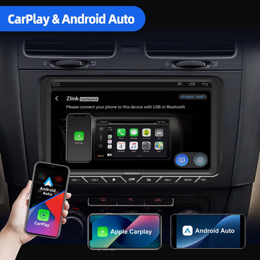 ESSGOO Android 15 Autoradio mit 9 Zoll Display, GPS, WiFi und Bluetooth in Schwarz für VW Tiguan, Caddy, EOS, Jetta, T5, Passat B6 B7, Polo 6R, Golf 5 6 und Touran mit Wireless CarPlay und Android Auto - Bild 4