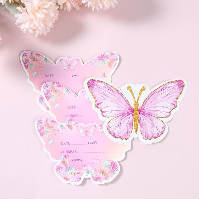 Rosa Schmetterling Einladungskarten für Kindergeburtstage im Frühlingsdesign - Bild 1